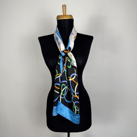 Vintage Long 100% Silk Geometric, Abstract Scarf | Aqua, Black & Ivory - Picture 5 of 10